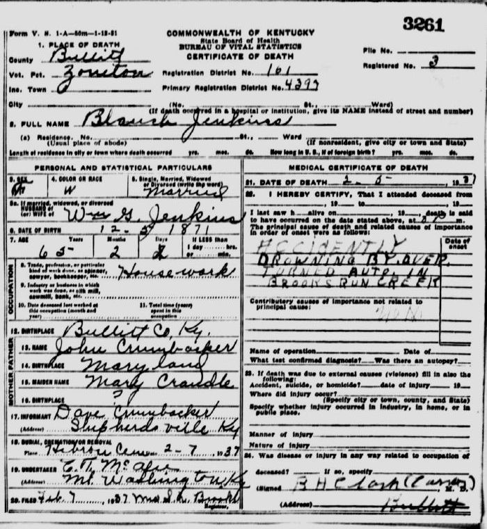 Bullitt County History - 1937 Flood - Death Certificates